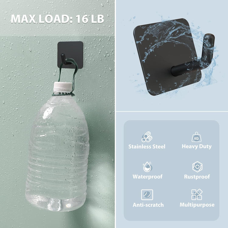 VIS'V Adhesive Hooks, Heavy Duty Shower Wall Stick on Hooks, Waterproof, 2 Extra Adhesive Strips, Black, 4 Pcs