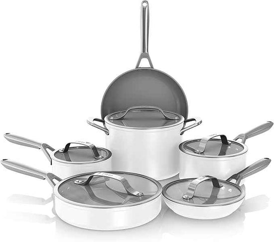 Ninja Ceramic Pro 11-Piece Cookware Set, Non-Stick Pots & Pans Set with Glass Lids, Nontoxic, PTFE Free, Ceramic Coated, Oven Safe, All Stovetops & Induction Compatible, Steam White, CW39011WH
