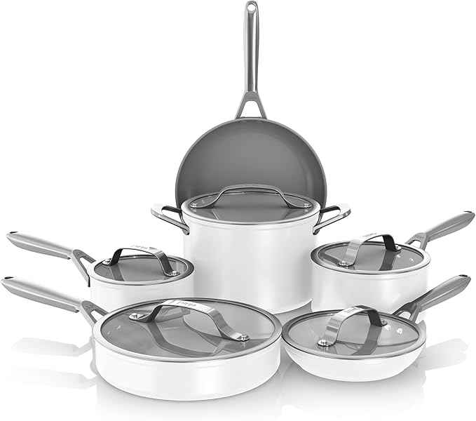 Ninja Ceramic Pro 11-Piece Cookware Set, Non-Stick Pots & Pans Set with Glass Lids, Nontoxic, PTFE Free, Ceramic Coated, Oven Safe, All Stovetops & Induction Compatible, Steam White, CW39011WH
