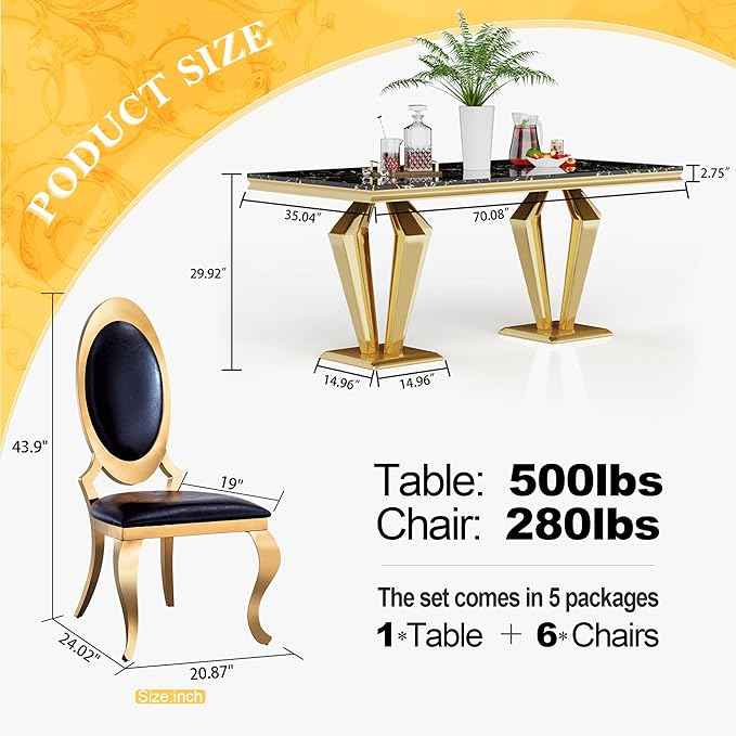 AF ARTISAN FURNITURE 7 Piece Luxury Dining Room Set, Modern Dining Table and Upholstered Chairs Set, Marble Kitchen Table Set for 6, Big Kitchen Dinner Tables Kit with Gold Base