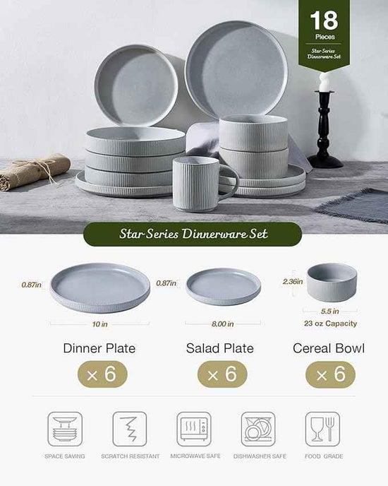 Famiware Star Dinnerware Set, Plates and Bowls Sets for 6 (18pcs), Ribbed Stoneware Dishes - Chip & Scratch Resistant, Microwave & Dishwasher Safe Kitchenware, Matte Gray