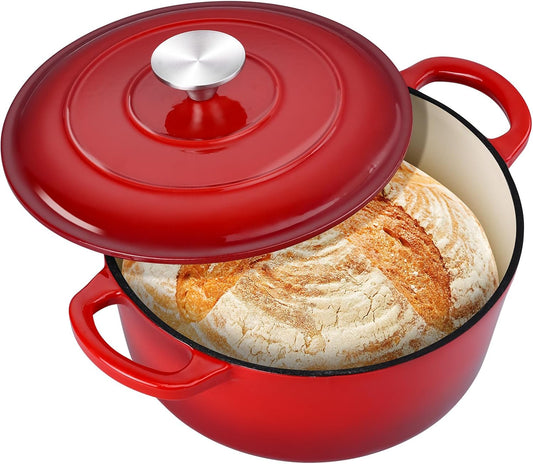 3QT Dutch Oven Pot with Lid, Leonyo 3 Quart Enameled Cast Iron Dutch Oven for Sourdough Bread Baking, Heavy Duty Cookware for Braising, Stews, Roasting, Red - Nestoria