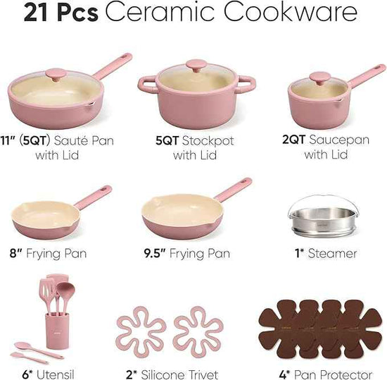 CAROTE 21pcs Cookware Set Nonstick Pots and Pans Set, Ceramic Cookware Set Induction Cookware, Non toxic Healthy Non Stick Kitchen Cooking Set, PFAS PTFE Free
