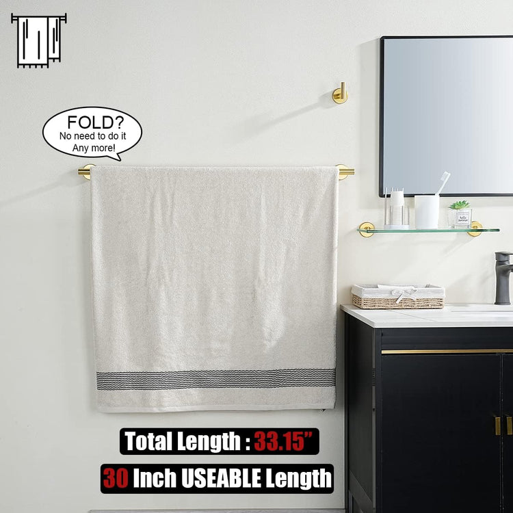 JQK Gold Towel Bar, 33 Inch 304 Stainless Steel Thicken 0.8mm Towel Rack Bathroom, Towel Holder Brushed Golden Wall Mount, Useable Length 30 Inch 2 Pack, TB110L30-BG-P2