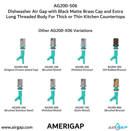 Dishwasher Air Gap with Skirted Black Matte Brass Cap and Extra Long Threaded Body for Thick or Thin Kitchen Countertops