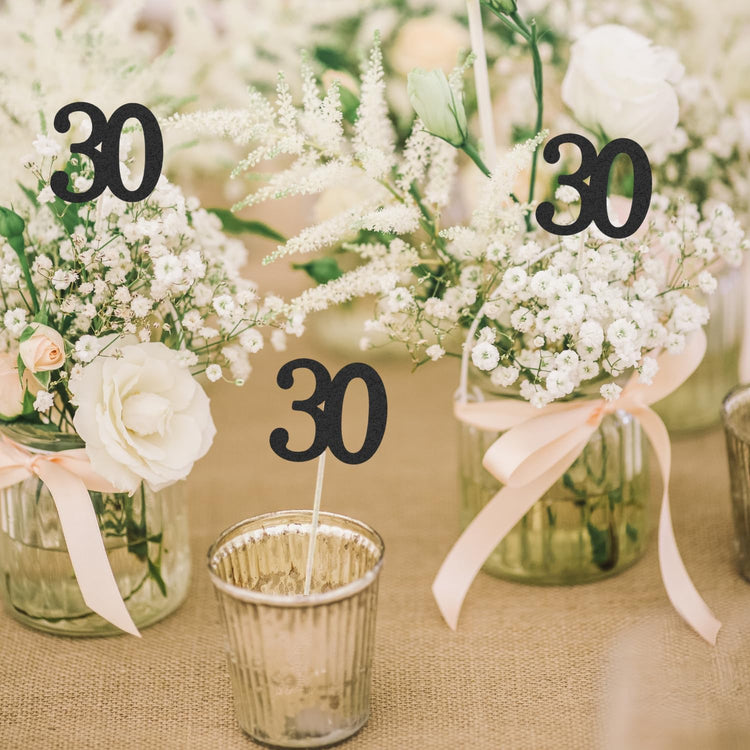 10-Pack Double Sided Glitter 30th Birthday Centerpiece Anniversary Centerpiece Sticks, Number 30 Table Topper Cake Topper for 30th Birthday Anniversary Table Party Decorations (Double Sided black)