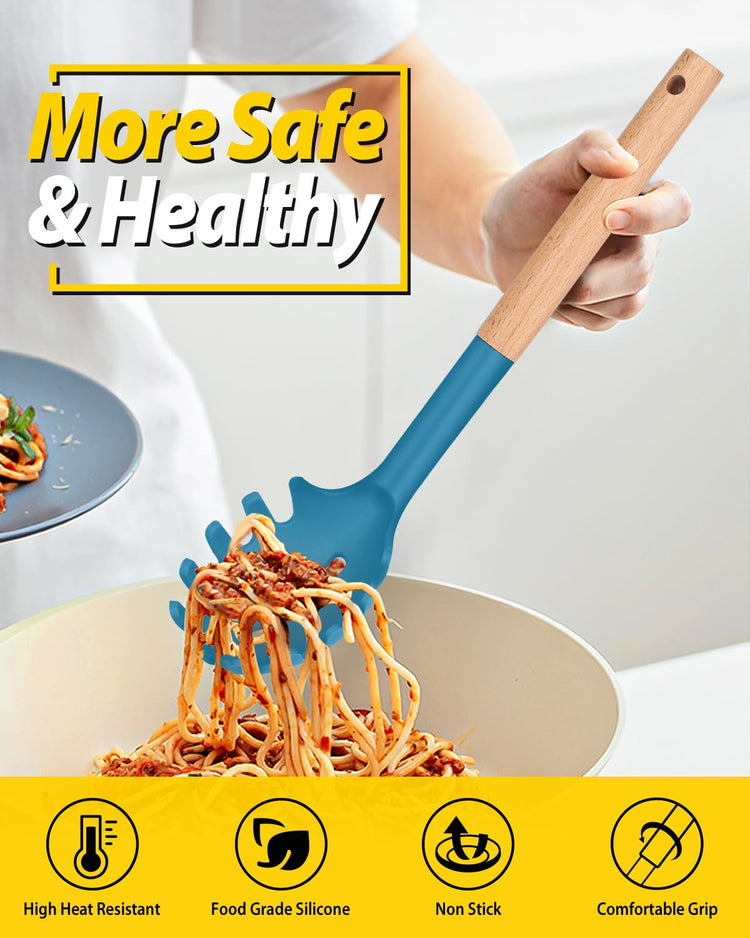Silicone Pasta Fork and Ladle Spoon Set with Wooden Handle (2 Count)