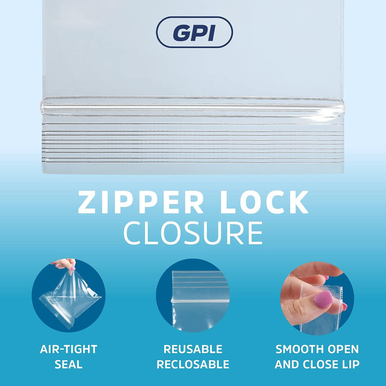 GPI - 10" x 14", Pack of 100, Clear Plastic Reclosable Zip Bags, 2 Mil Thick, Zip Poly Bags with Resealable Lock Seal Zipper for Food, Apparel, Shirts, Household, School & Office Supplies