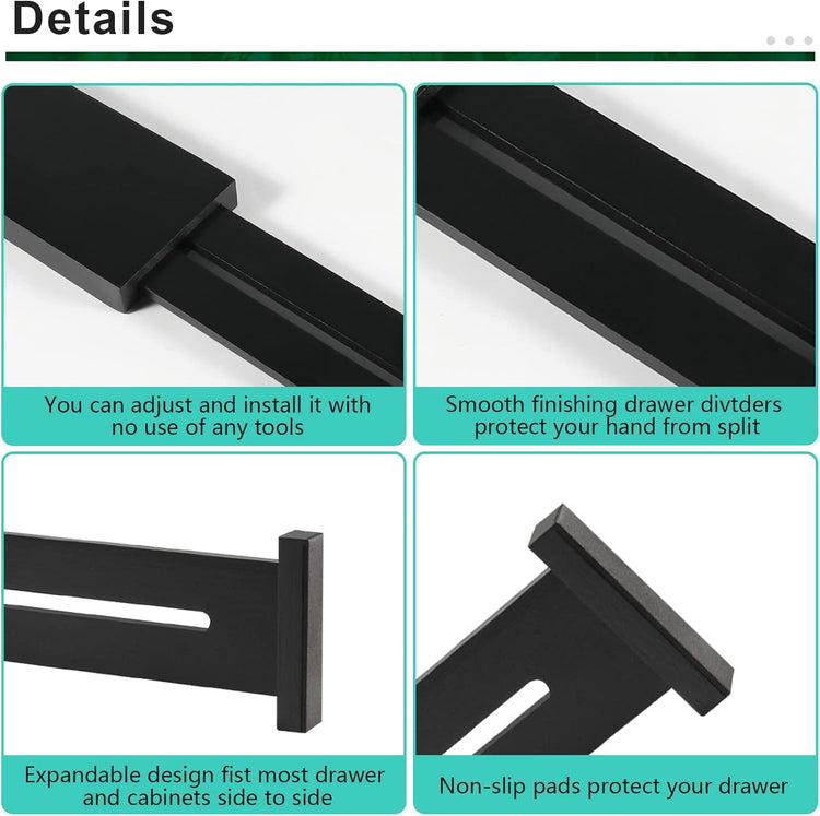 FJO 4 Pack Adjustable Bamboo Drawer Dividers - 12.5" - 21.7" Expandable Drawer Separators for Kitchen, Utensils, Clothes, Bedroom, Dresser, Bathroom (Black)