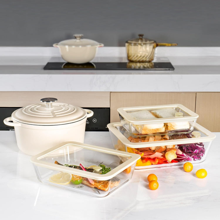 Urban Green Glass Food Container Set with Silicone Glass Lid, Large Size 3 Pack, Meal Prep Food Storage Containers with Airtight Lids, Leakproof, 100% Plastic Free, White color