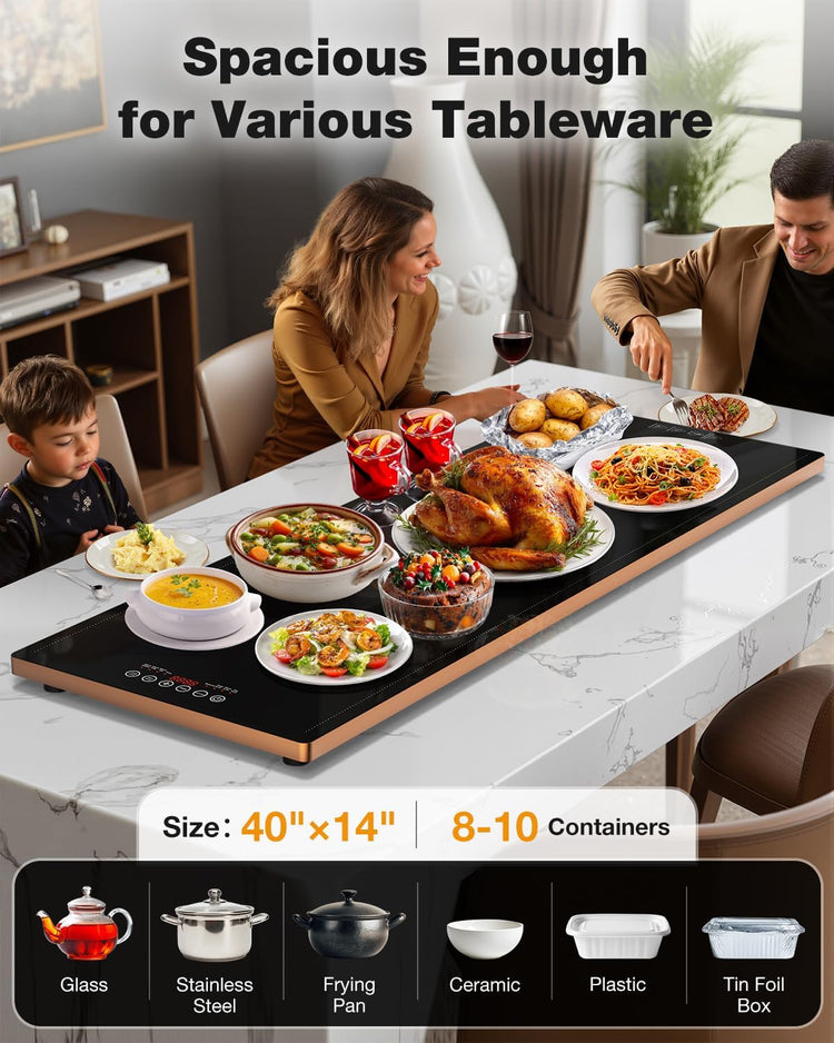 Electric Warming Tray (40''×12''), Adjustable Temperature, 10s Full Surface Heating, Smart Scheduling + Timer, Intelligent Digital Display, Food Warmer for Parties, Buffet, Home Use