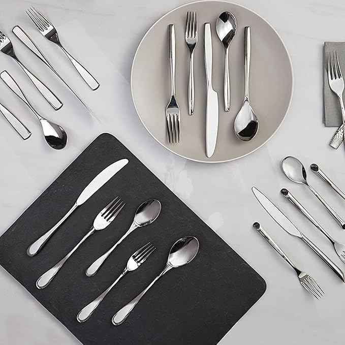 nambe Bend 45 Piece Flatware Set, 18/10 Mirror Stainless Steel Silverware Cutlery Set, Designed for Home Kitchens, Hotel, or Restaurants, Service for 5 and a 3pc Serving Utensil Set, Dishwasher Safe