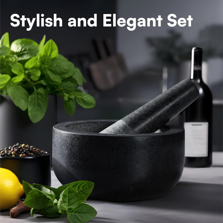 H&S Mortar and Pestle Set - Large Premium Solid Granite Stone Grinder Set - 16cm (6.3") Diameter - for Crushing & Mashing Herbs & Spices - Black