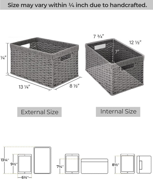 StorageWorks Round Paper Rope Storage Baskets, Rectangular Wicker Baskets with Built-in Handles, Gray, 2-Pack