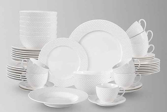 HomeVss, New Bone China Dinnerware Set, Embossed Diamond Design, 48pc Set