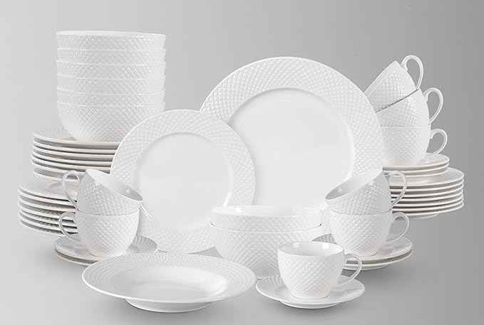 HomeVss, New Bone China Dinnerware Set, Embossed Diamond Design, 48pc Set