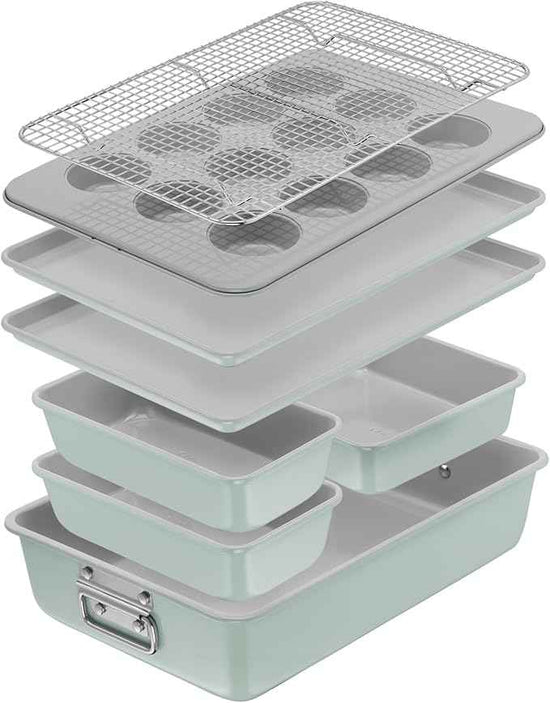 T-fal Refresh Ceramic Nonstick Baking Pans Set (8 Pc), Roaster, 12-Cup for Muffins, Loaf Trays, Baking Sheets Non Stick, Cooling Cooking Rack, Stackable Bakeware Set, Mint Green
