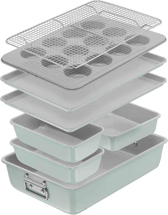 T-fal Refresh Ceramic Nonstick Baking Pans Set (8 Pc), Roaster, 12-Cup for Muffins, Loaf Trays, Baking Sheets Non Stick, Cooling Cooking Rack, Stackable Bakeware Set, Mint Green