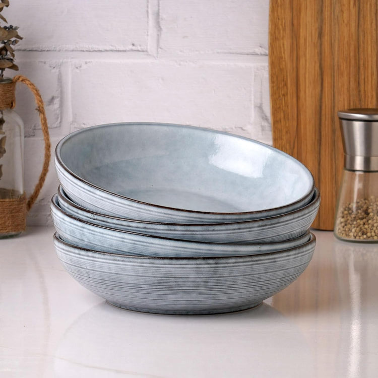 famiware Tempus Pasta Bowls Set of 4, 40 oz Bowls for Kitchen, Stoneware Deep Serving Bowls, Dishwasher & Microwave Safe Bowls for Cereal, Salad, Soup, Dessert etc - Pearl Blue