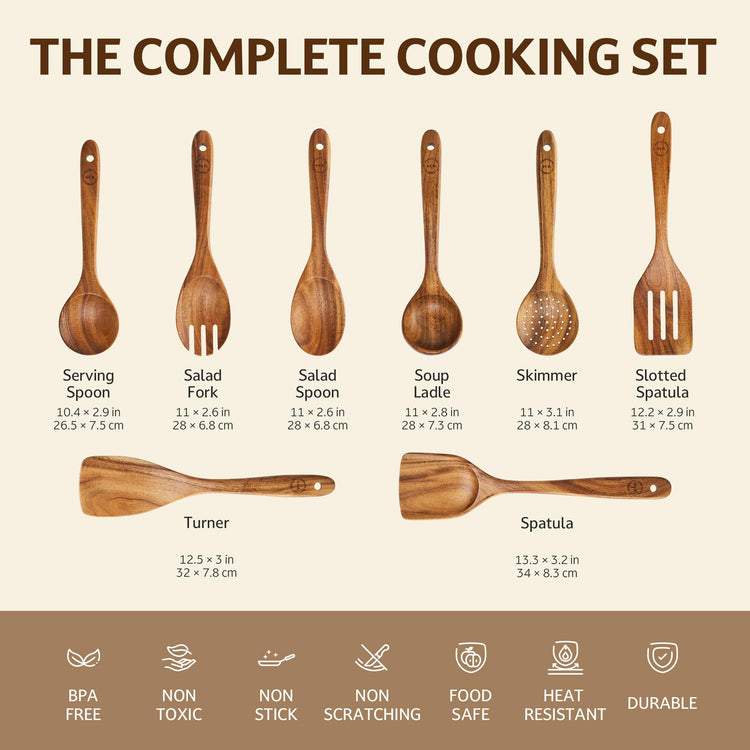 8 Piece Teak Wood Cooking Utensil Set (8 Count)