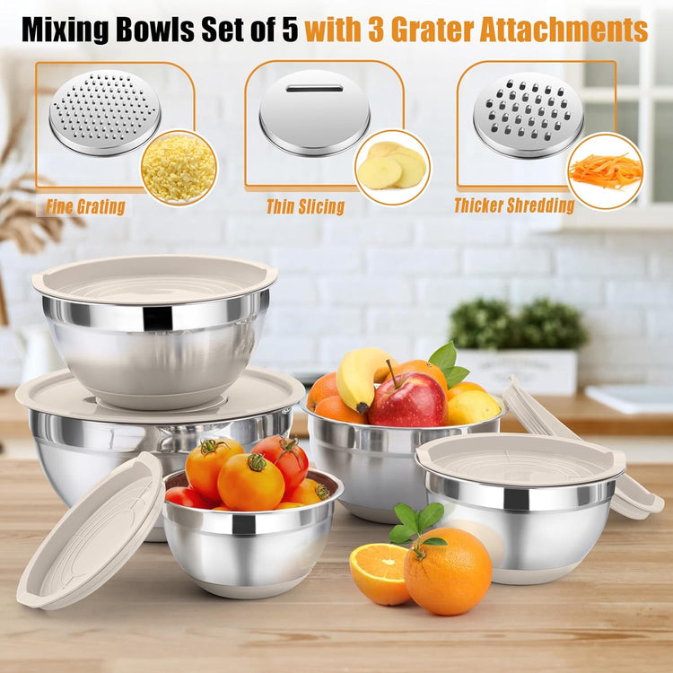 P&P CHEF Mixing Bowl with Lid Set, 5 Piece Stainless Steel Mixing Nesting Bowls for Salad Storage, 3 Grater Attachments & Non-Slip Bottoms, Size 1/1.5/2 / 2.6/4.6 QT, Khaki