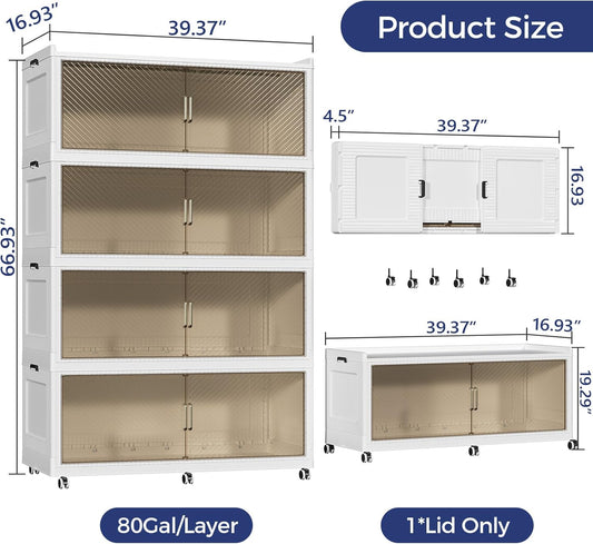 320 Gallon Extra Large Collapsible Storage Bin with Lid, 1280QT Stackable Plastic Organizer with 6x Wheels, Foldable Drawer Cabinet for Closet, Living Room Office Dorm 4Pack, White