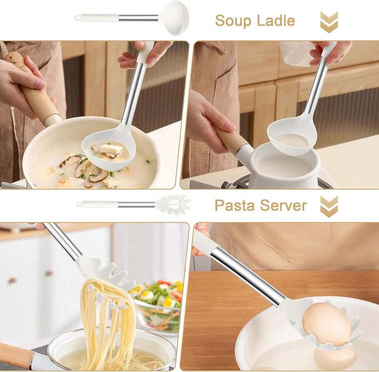 TeamFar Silicone Soup Ladle and Pasta Fork Set, 2 Pcs Large Nonstick Kitchen Cooking Utensils with Stainless Steel Handle for Draining, Serving Soup, Sauce, Spaghetti, Non-Toxic & Heat-Proof, White