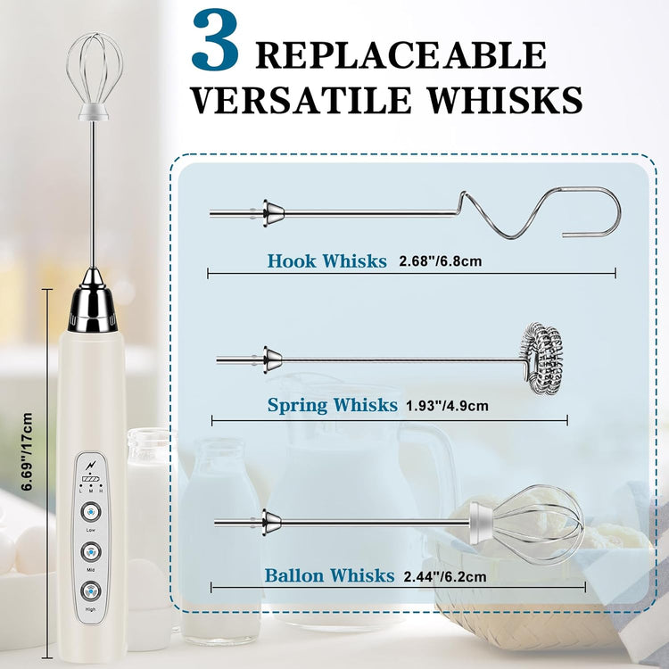 Milk Frother Handheld for Coffee, Electric Whisk 3 Speed Adjustable, Drink Mixer with Stainless 3 Whisks, Rechargeable Hand Frother Wand, for Latte Cappuccino Hot Chocolate Egg Beige