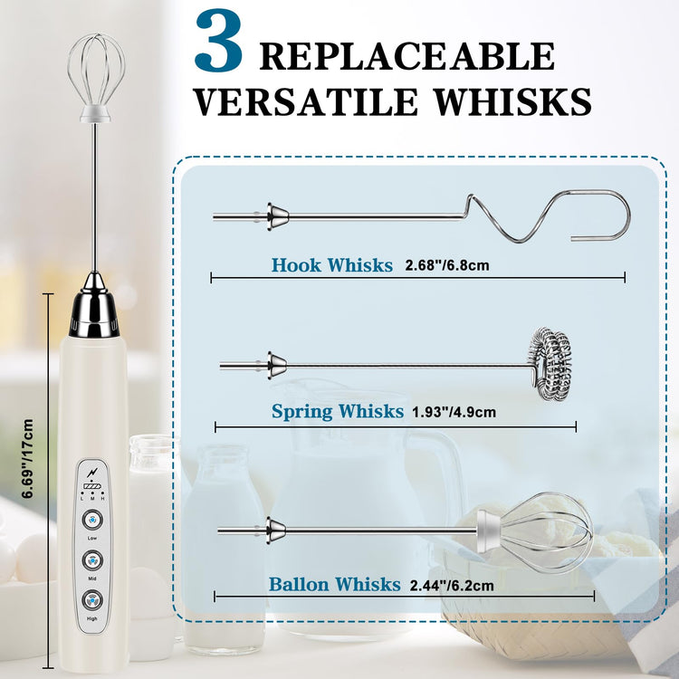 Milk Frother Wand Rechargeable Handheld Whisk Coffee 3 Speed Adjustable