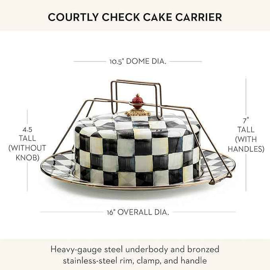 MACKENZIE-CHILDS Enamel Cake Carrier, Cake-Dish Serving Platter with Lid and Handles, Black-and-White Courtly Check