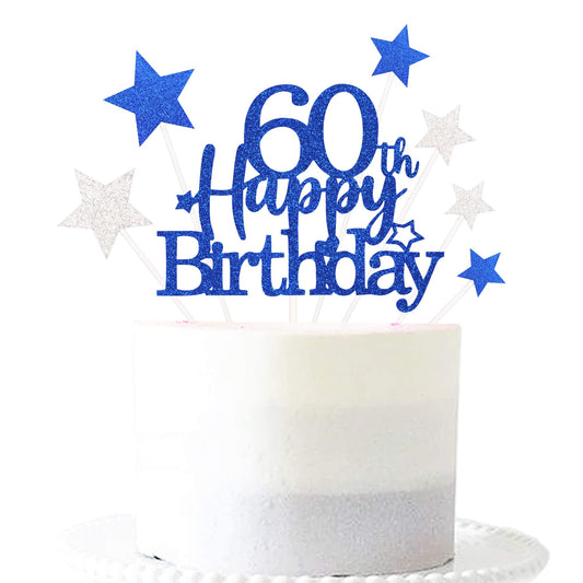 Royal Blue 60th Birthday Cake Topper with Glittery Stars (7 Count)