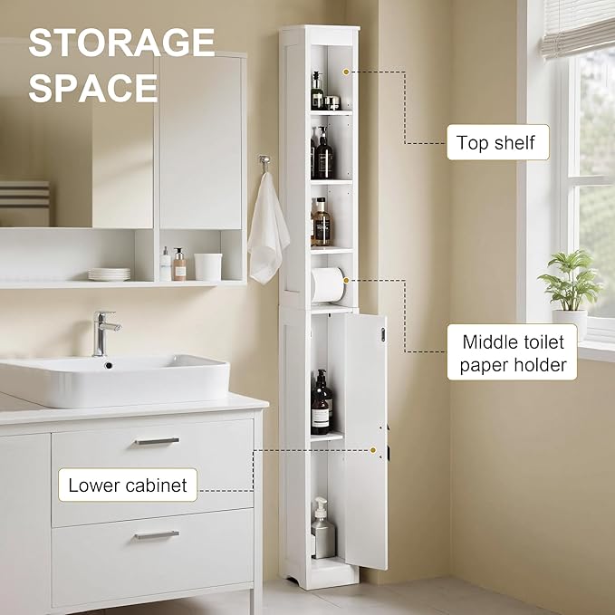 VECELO Storage Cabinet, 71" Tall Narrow Bathroom Cabinet with Adjustable Shelves, Toilet Paper Holder, Magnetic Door, for Small Spaces, Pearl White