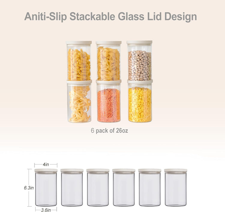 Urban Green Glass Food Storage Jar with Glass Lid, Food Canister Set with Airtight Lids, Pantry Jar for Kitchen Organization. Food Storage Container Set in 6 pack of 26oz