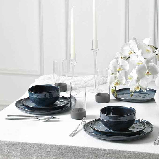 Stone + Lain Mirella 32-Piece Dinnerware and Glassware Set – Service for 8 – Includes Stoneware Plates, Bowls & 8 Tall Borosilicate Glasses – Deep Blue Reactive Glaze Finish