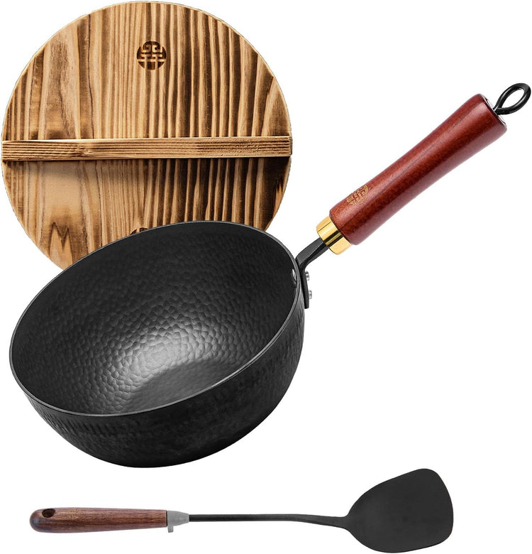 WANGYUANJI Iron Wok,Non-Coated Flat Bottom Small Wok,8.6-Inch Wrought Iron Wok with Lid and Spatula,Stir-Fry Pans Pure Iron Cookware Compatible with Induction, Gas, and Electric Ceramic Cooktops