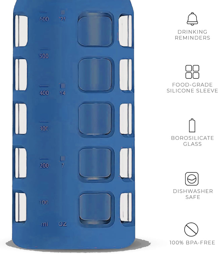 purifyou 40oz / 32oz / 22oz / 12oz Borosilicate Glass Water Bottle with Time & Volume Markers, Silicone Sleeve, Stainless Steel Lid – Reusable Glass Bottle for Water & Juice (22oz Chinese Porcelain)