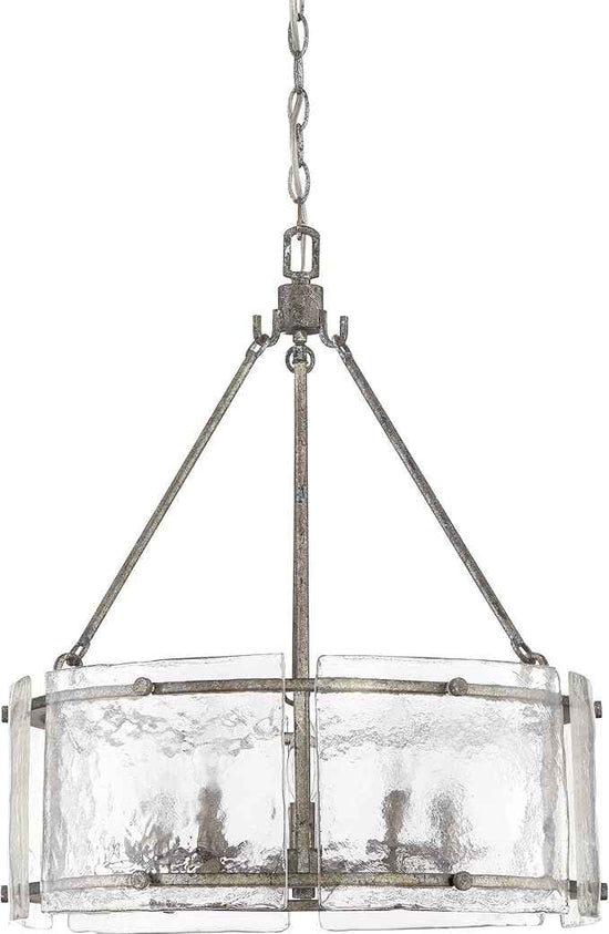 Quoizel Fortress Pendant Lighting, 21 Inch 5-Light Mottled Silver Drum Light, Max Adjustable Height 77", Textured Glass Pendant Light for Kitchen Island, Dining, Hallway or Bedroom