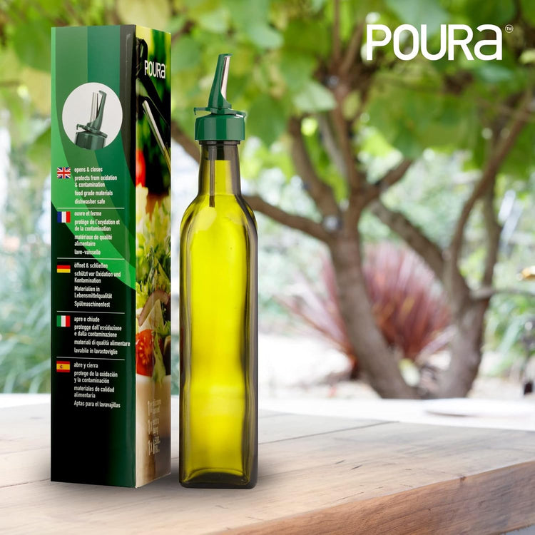 Poura Glass Olive Oil Bottle Drizzler with Pourer Spout - Hygienic Open and Close Pourer Prevents Oxidation Keeping Olive Oil Fresh - Includes Funnel for No Mess Or Wastage