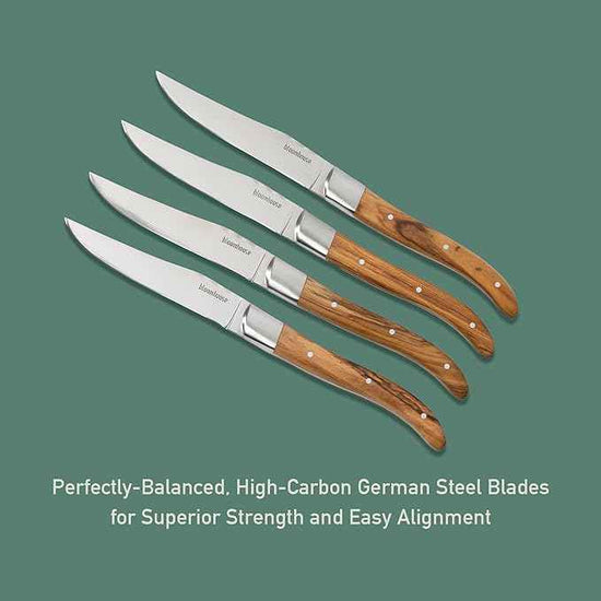 Bloomhouse 4-Piece German Stainless Steel Steak Knife Set – Premium Olive Wood Handle Steak Knives, Full-Tang Blades for Dining