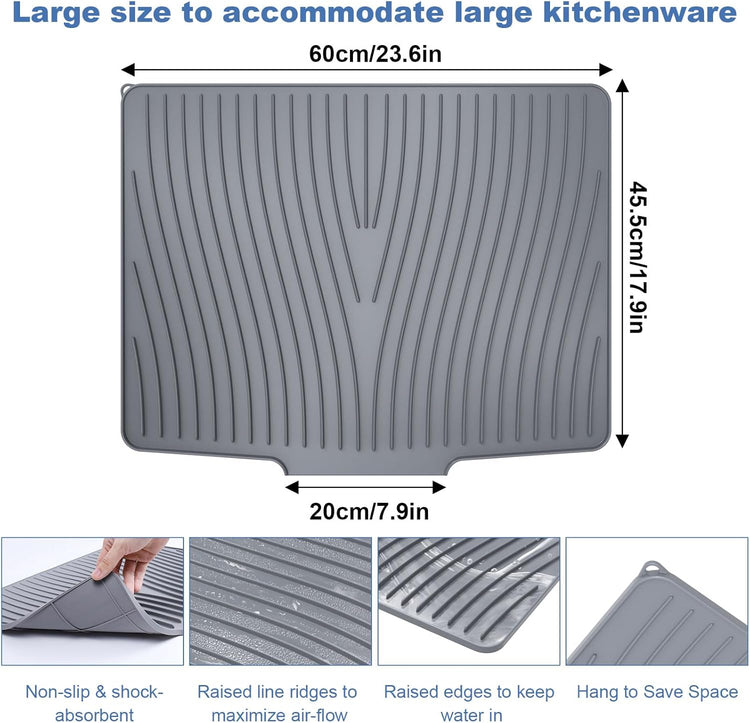 Silicone Dish Drying Mat with Drain Lip 23.6'' x 17.9'' Non-Slip Silicone Dish Drying Mat for Kitchen Counter, Heat Resistant Dish Drying Pad Quick Dry Self-draining Dish Drainer Mat Board Grey
