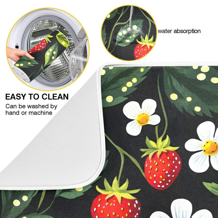 Strawberries White Flowers Dish Drying Mat for Kitchen Counter Absorbent Microfiber Drying Pad
