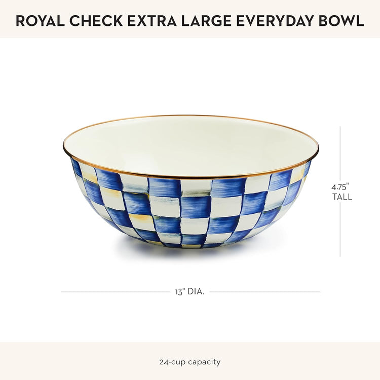 MACKENZIE-CHILDS Enamel Everyday Bowl, Serving Bowl for Entertaining, Extra-Large, Blue-and-White Royal Check, Set of 1