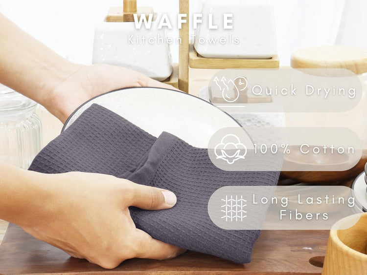 PurpleEssences Waffle Weave Kitchen Towel, 100% Cotton - 15 x 25 Inches, with Hanging Loop Ultra Soft Absorbent Quick Drying Dish Cloth, Tea and Hand Towels, 6 Pack - Spring Summer - Dark Grey - Nestoria