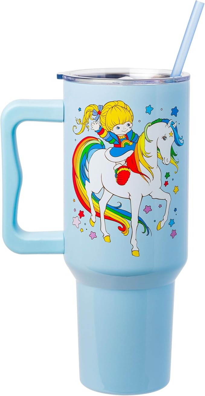 Silver Buffalo Rainbow Brite Featuring Starlite Stars Stainless Steel Tumbler with Handle and Straw, Fits in Standard Cup Holder, 40 Ounces (Pack of 12)