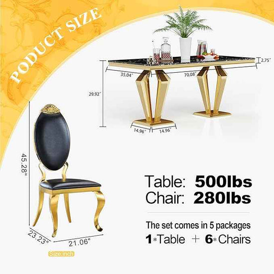 AF ARTISAN FURNITURE 7 Piece Luxury Dining Room Set, Modern Dining Table and Upholstered Chairs Set, Marble Kitchen Table Set for 6, Big Kitchen Dinner Tables Kit with Gold Base