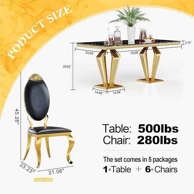 AF ARTISAN FURNITURE 7 Piece Luxury Dining Room Set, Modern Dining Table and Upholstered Chairs Set, Marble Kitchen Table Set for 6, Big Kitchen Dinner Tables Kit with Gold Base