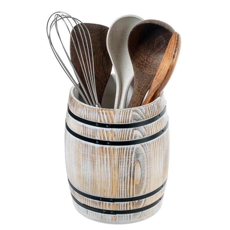 Whitewashed Wood Wine Barrel Kitchen Utensil Holder Crock