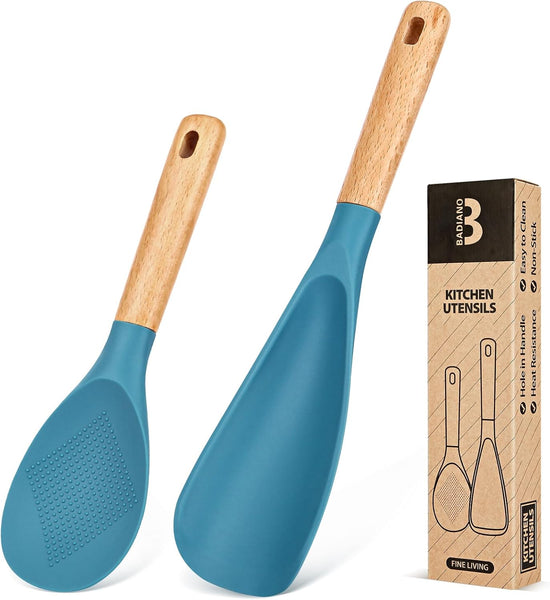 Cooking Spoon and Rice Scooper for Nonstick Cookwares, Great for Cooking and Serving Sturdy BPA-Free Matte Silicone, Wood Handle Spoon for Mixing, Scoop, and Scrape, Turquoise - Nestoria