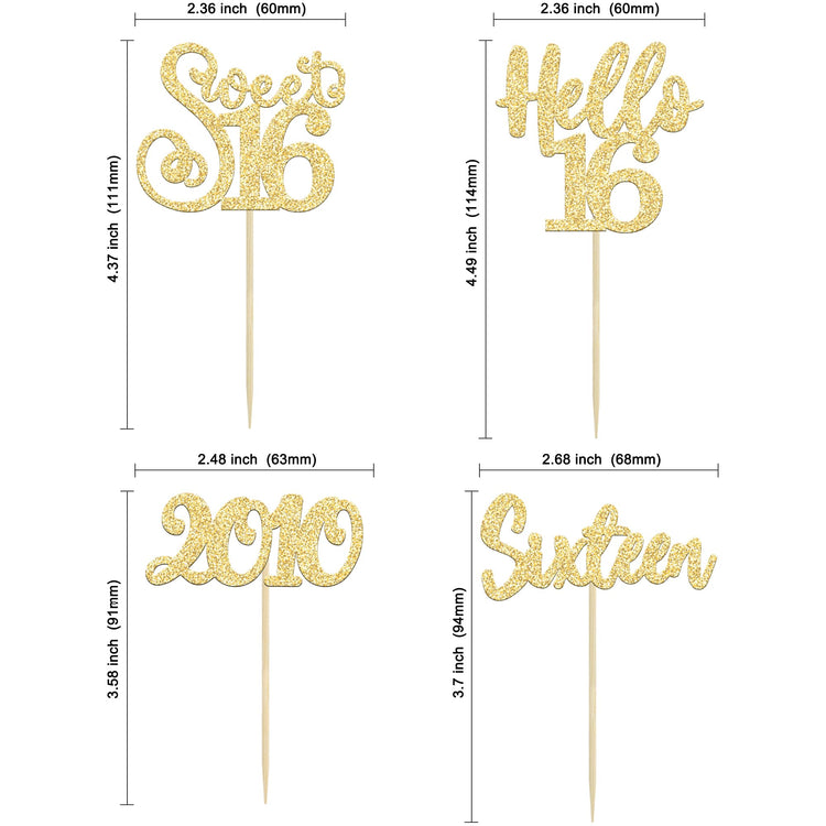 24Pcs 16th Birthday Cupcake Toppers Gold Glitter Hello 16 Sweet 16 Cupcake Picks 2010 16th Birthday Cake Decorations for Anniversary Party Supplies (24 Count)