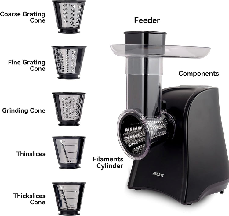 Electric Slicer, Electric Cheese Grater for Home Kitchen Use, One-Touch Control Cheese Shredder, Salad Maker Machine for Fruits, Vegetables, Cheese Grater with 5 Attachments